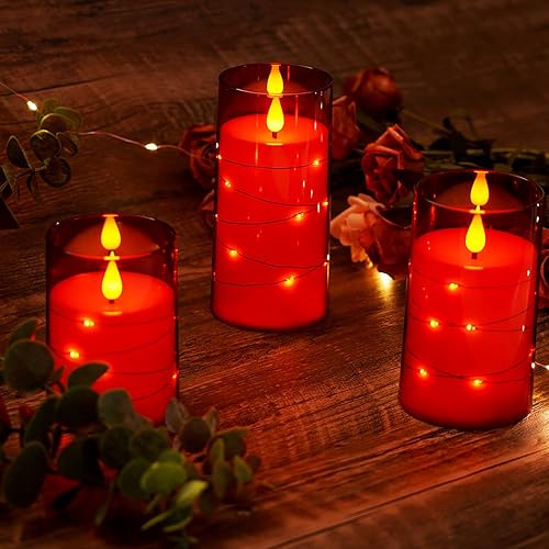 Miniatura 2 de Amagic Juego de 3 velas rojas sin llama, velas parpadeantes que funcionan con pilas, guirnalda de luces incrustadas, vela realista con control