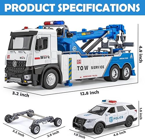 Miniatura 6 de Camión de remolque de juguete para niños, camión de remolque de metal con grúa modelo de juguete con luces y sonidos, vehículos de construcción para