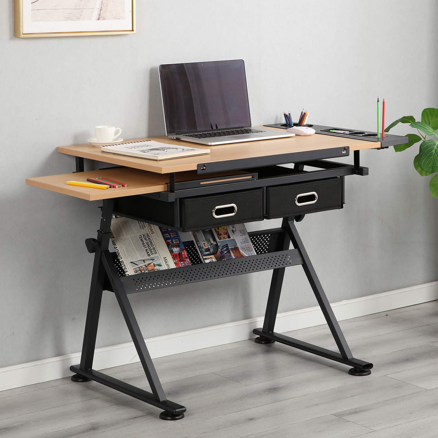 sogesfurniture Mesa de Dibujo con Tablero Inclinable, Altura Ajustable, Escritorio de Dibujo de Estudio de Trabajo con 2 Cajones de Almacenamiento, para Artista, Arquitectos
