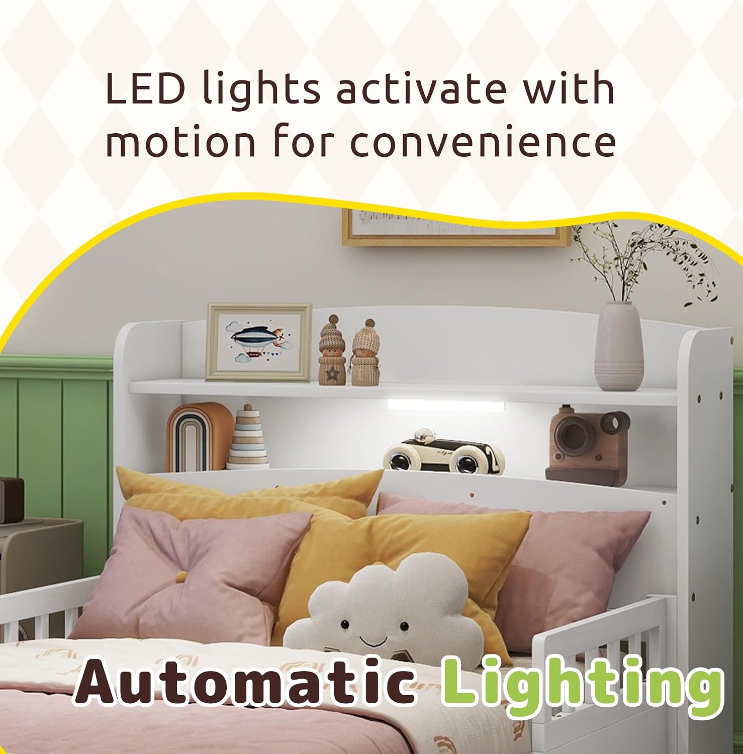 Twin Size Kids Bed Frame with LED and Storage Headboard, Wood Platform Bed with LED Motion Sensor Light and Detachable Rails, Low Twin Bed Frames for Kids with Guardrails,White