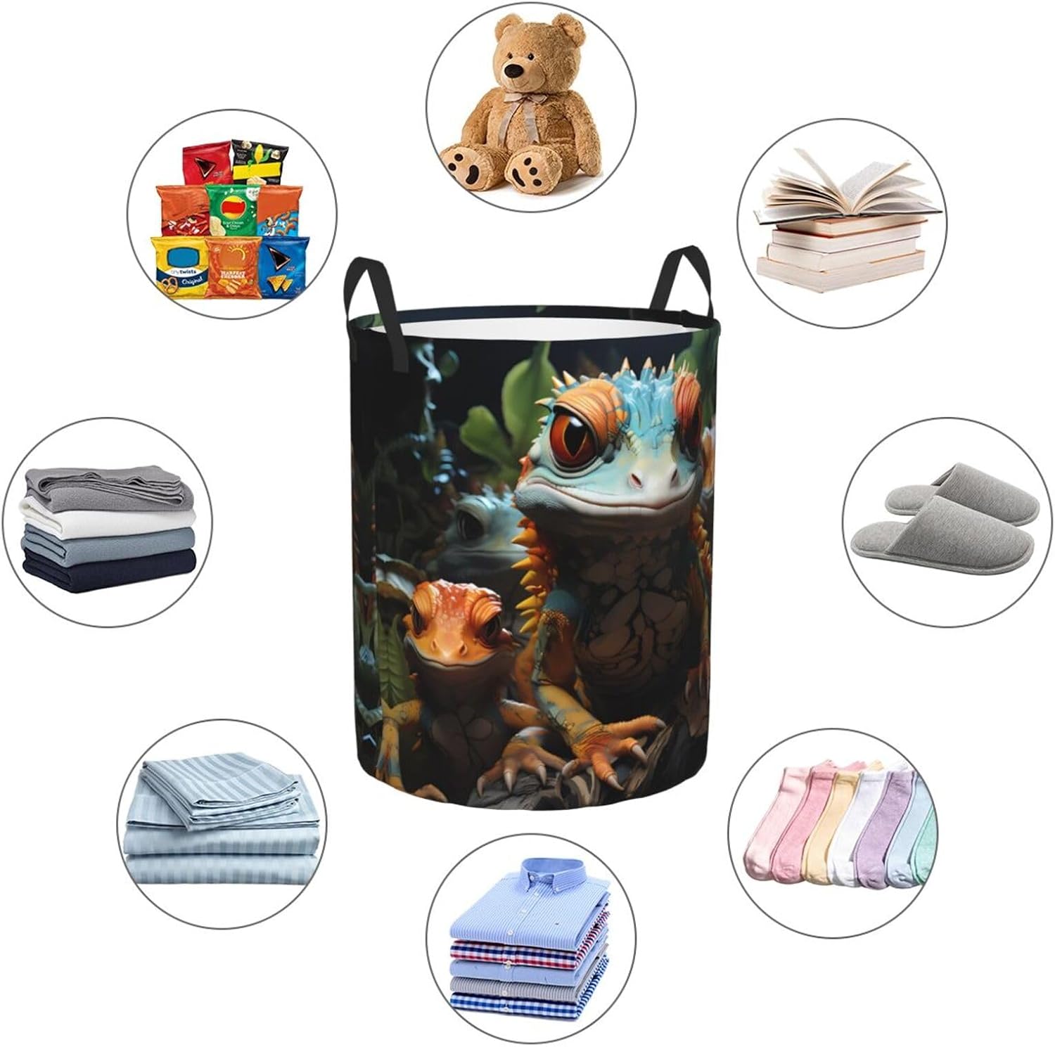 Bedroom clothes storage basket with handles, Colorful Lizards portable storage laundry basket, round single-layer laundry basket image 5