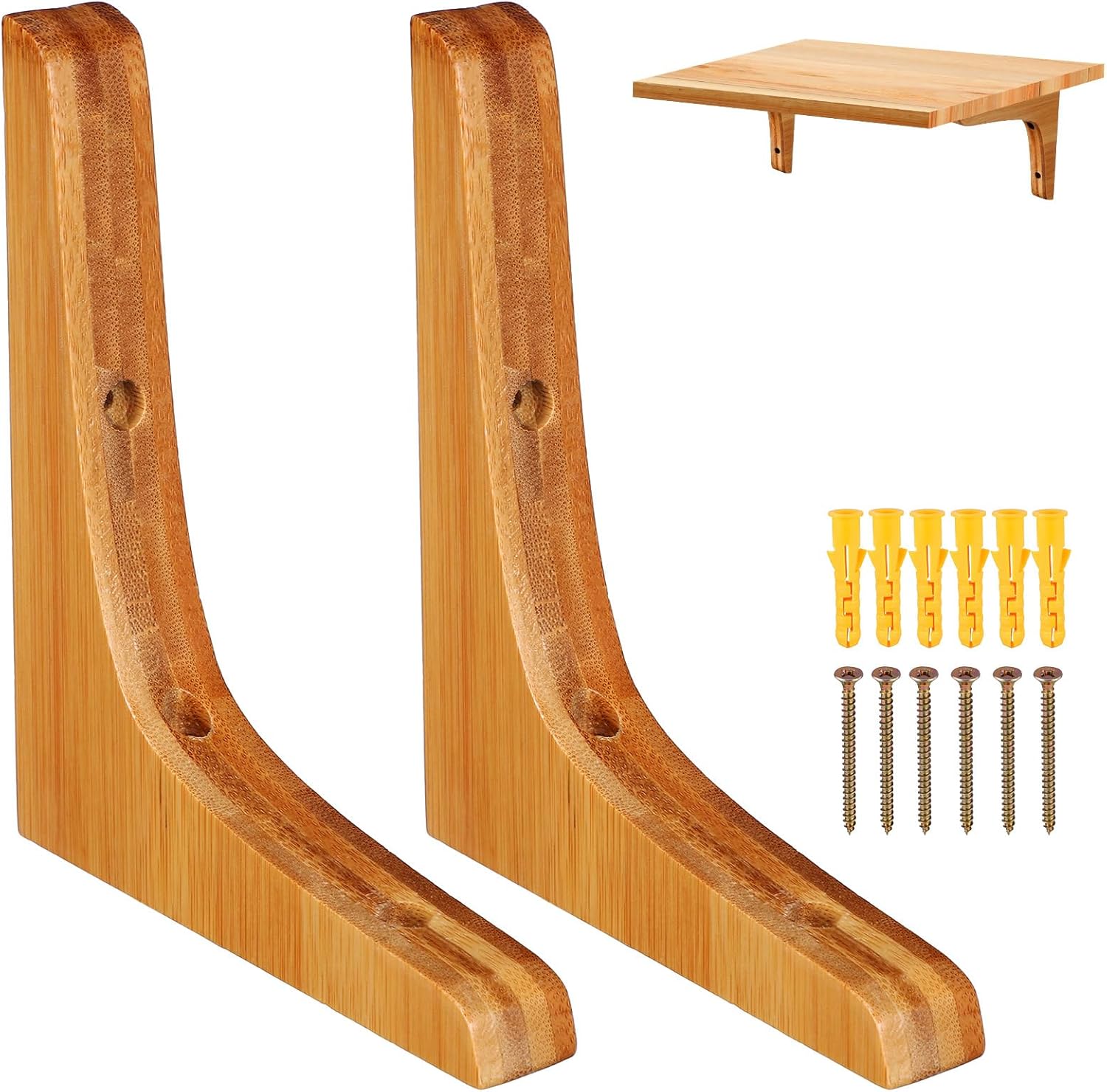 ULTECHNOVO Nan Bamboo Wall Mount Shelf Brackets 2 Pack 5.90X4.92 Inch Triangle Floating Shelf Support with Screws Natural Wood Shelving Brackets for Home Office Storage