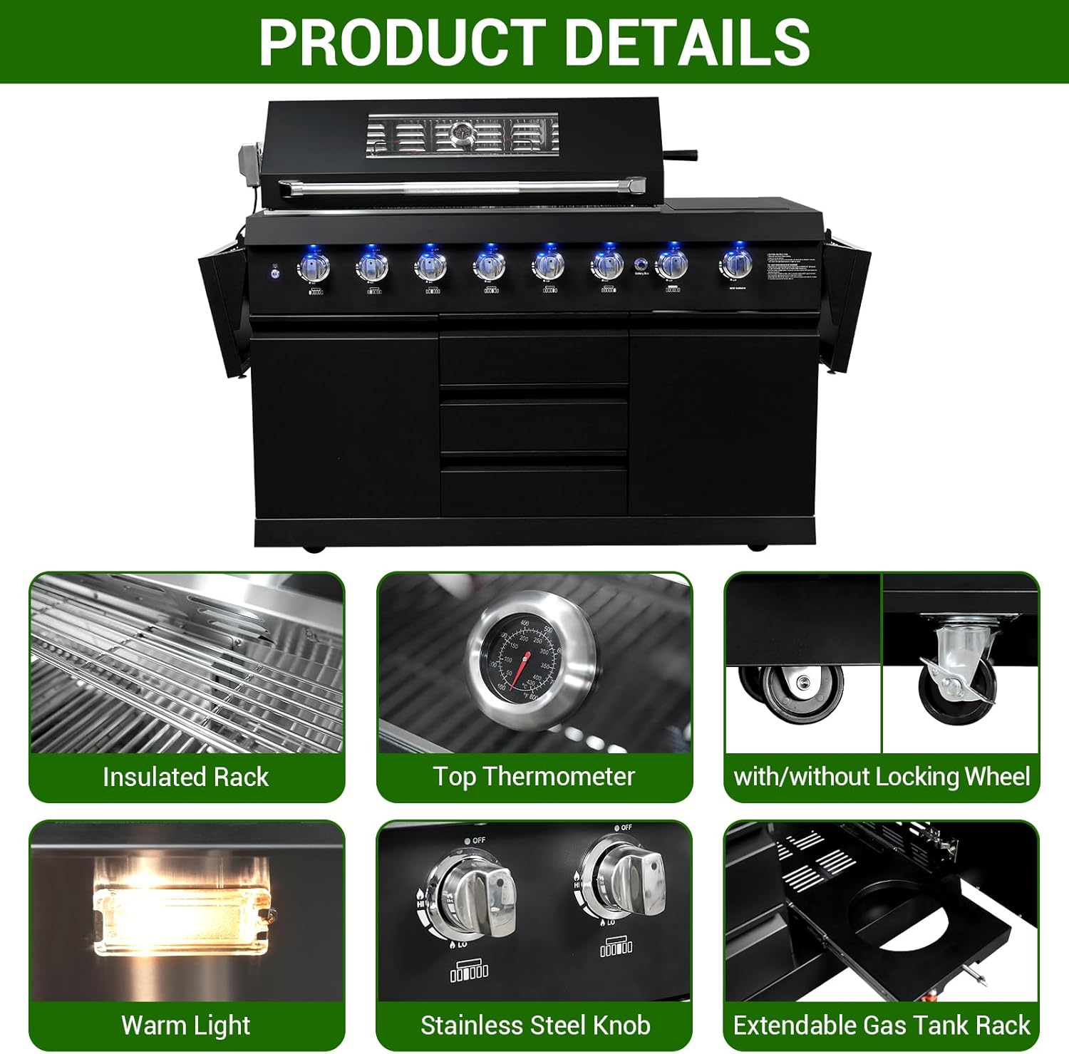 SINDA 6 Burners Gas Grill with Foldable Side Shelf, BBQ Outdoor Grill with 99000 BTUs Output, 3 Drawers for Backyard Barbecue Cooking & Barbecue Grilling，Black