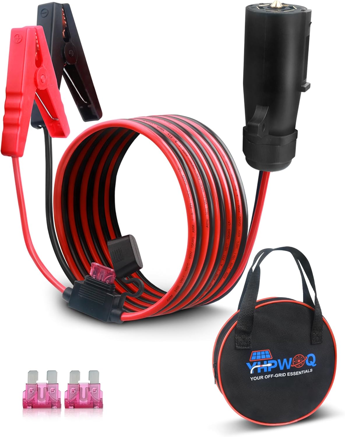 7 Way Trailer Plug to Alligator Clips Cable, 10AWG 6.5FT Heavy Duty 7 Pin Blade to 2-Pin 12V Power Source with 40A Fuse & Storage Bag for RV Truck Trailer