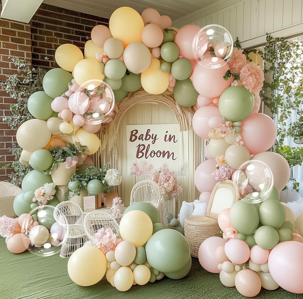 Pink Green Yellow Balloon Arch Kit, Double Stuffed Sage Green Pastel Pink Yellow White Sand Balloon Garland Beige Cream Balloons for Baby Shower Birthday Wedding Fairy Flower Tea Summer Party Decor