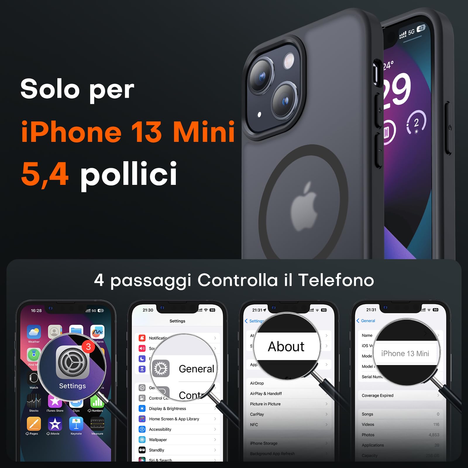 TOCOL Cover Magnetica per iPhone 13 Mini 5,4 Pollic, Compatibile con MagSafe, Custodia Antiurto Traslucida Opaca, Nero