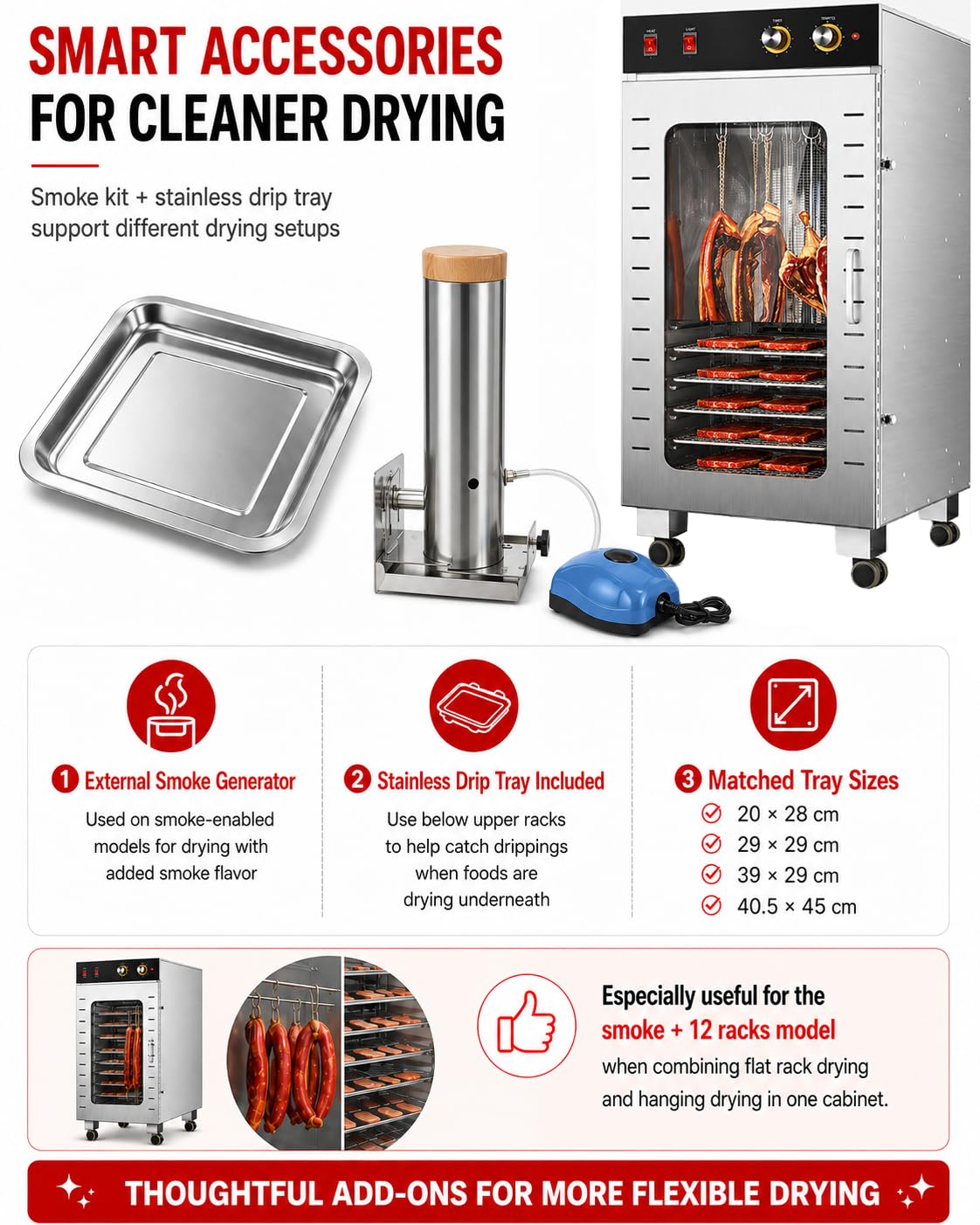 Essiccatore per Carne 1600 W, Essiccatore Alimentare Inox con Ganci Rotanti Automatici, capacità 10/30 kg, Temperatura e Timer Regolabili per Jerky Salsicce Carne Secca e Pesce 30kgSmoke