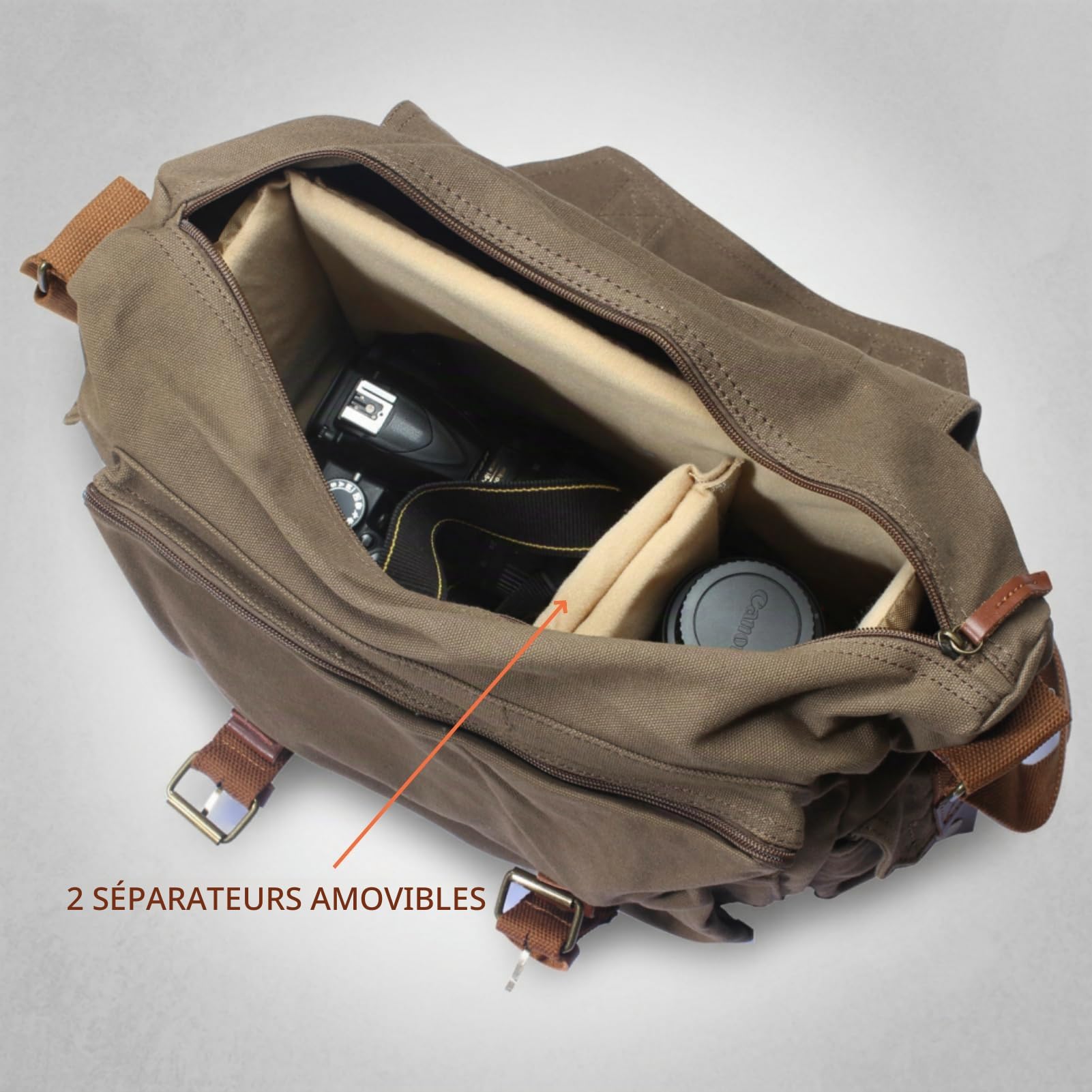Sac Messager Appareil Photo avec Insert Rembourré Toile Sac Bandoulière pour DSLR Objectifs BG507 34x13x27cm (Vert militaire)