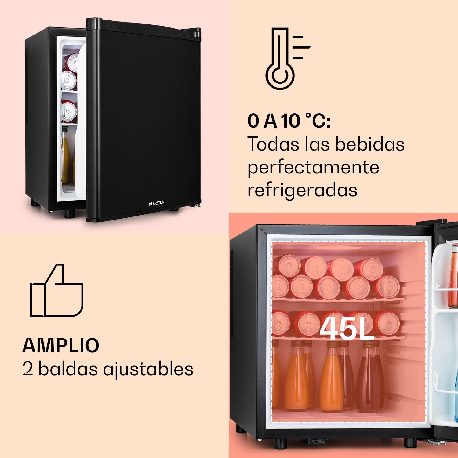 KLARSTEIN Happy Hour Mini Nevera para Dormitorio, Nevera Pequeña para Bebida y Comida, Neveras Pequeñas Iluminación Interior, Estantes Ajustables, para Habitaciones. Oficina, Camping, 6-18°C, 45L — view 4
