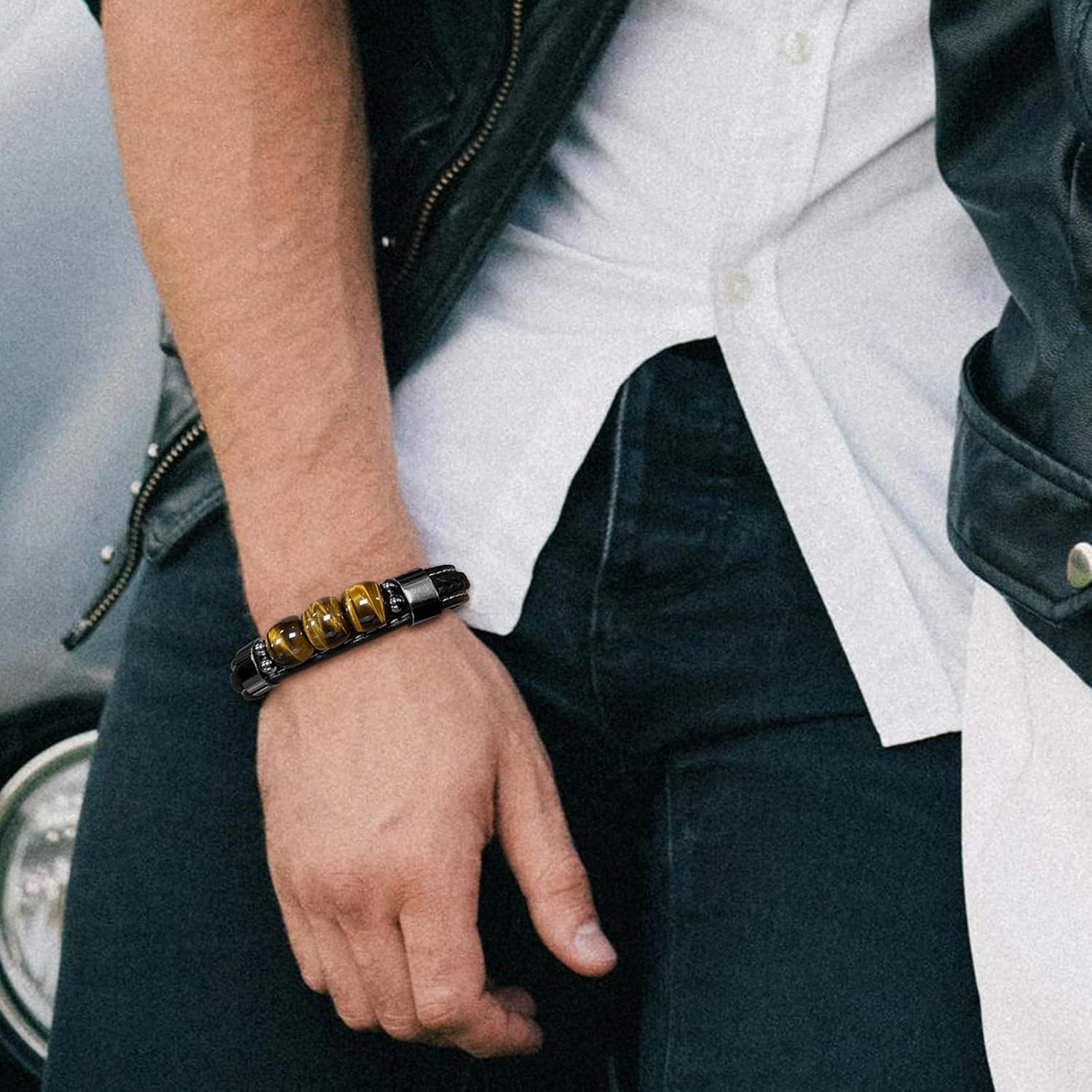 STARCHENIE Multi Strand Bracelet for Men Square Authentic Tiger Eye Black Braided Leather Mens Bracelet and Stainless Steel Buckle - Image 3