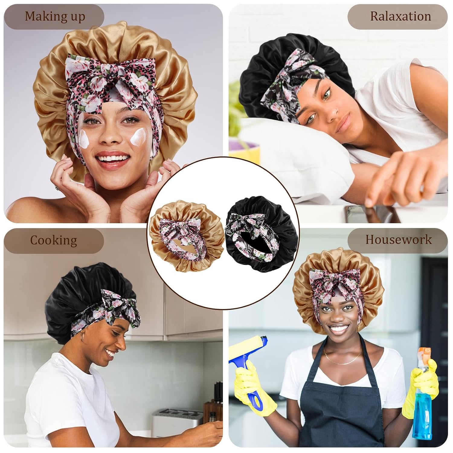 2Pcs Satin Bonnet with Tie Band for Sleeping, Champagne Gold+Black | Large Hair Bonnet Night Sleep Cap for Women, Tie Bonnet for Natural Curly Hair