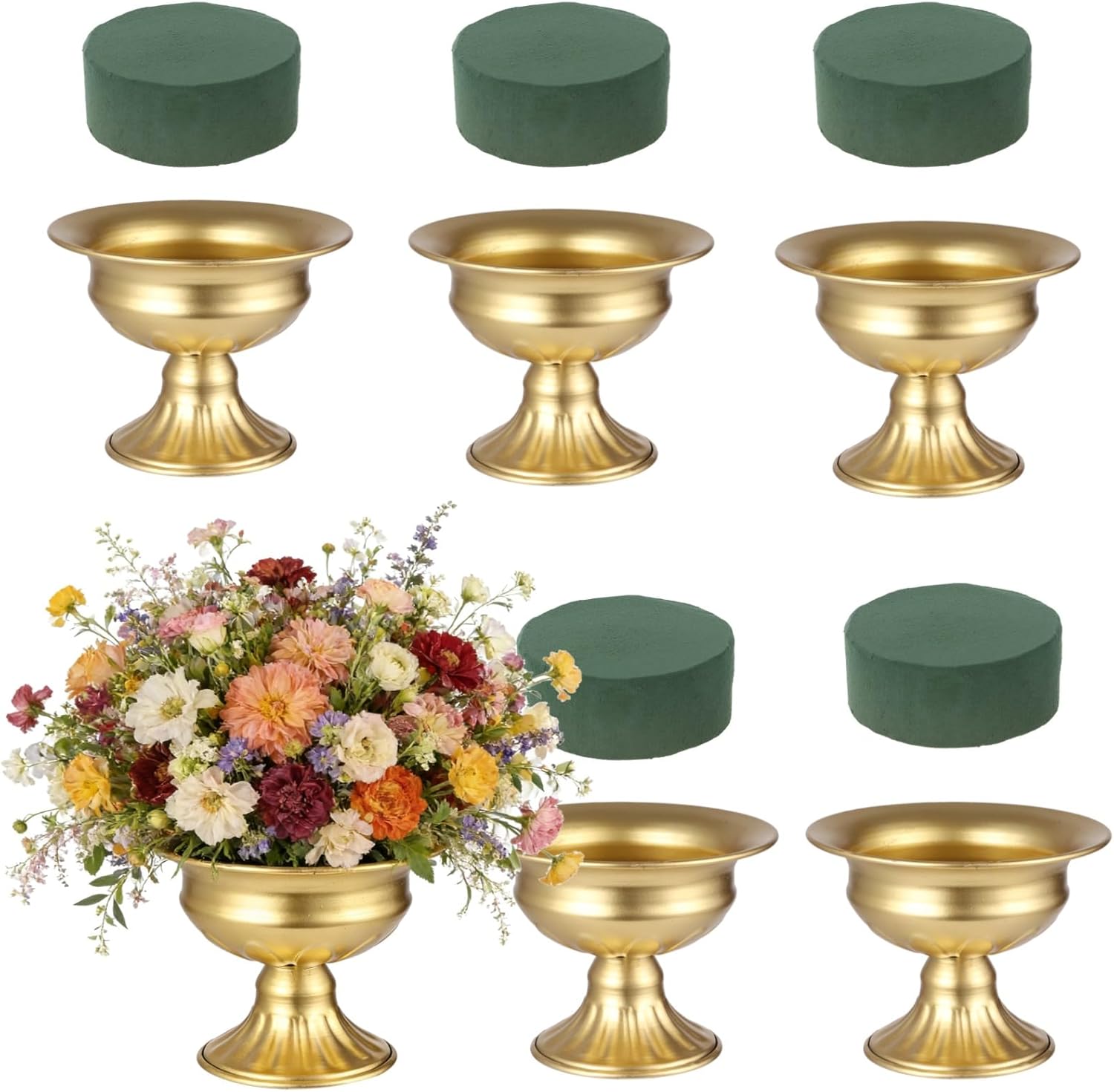6 Pcs Gold Vases for Centerpieces Set with Floral Foams, Vintage Metal Urn Planter, European Style Gold Flower Vase for Wedding Party Anniversary Home Decor