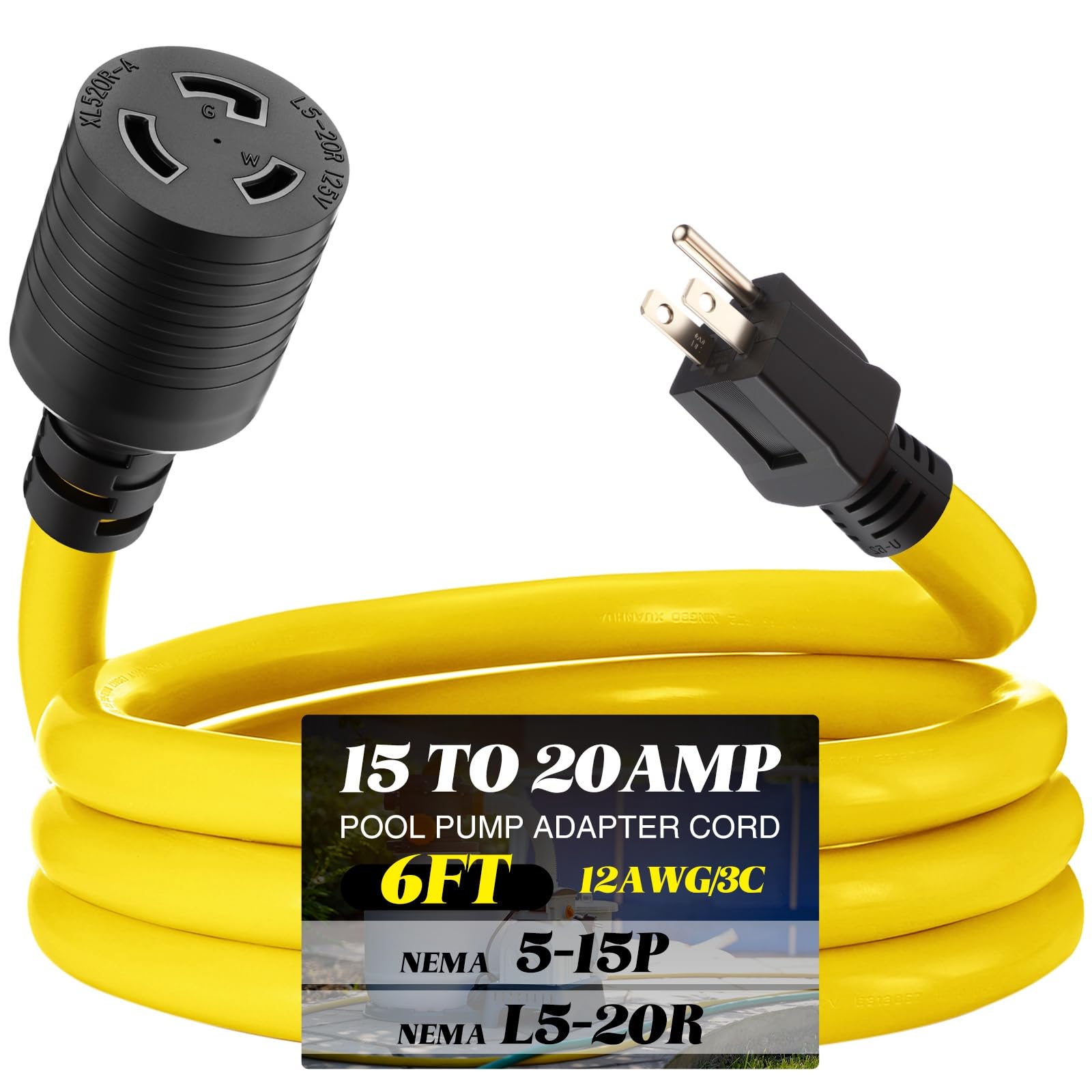 Kanayu 6 ft Pool Pump Adapter Cord 12awg Nema 5-15p to L5-20r 3