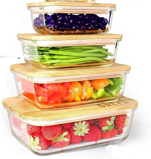 4pk Glass Food Storage Container Set Rectangular With Eco-Friendly Airtight Bamboo Wood Lids -Plastic-Free, Heat And Cold Resistant Glass Ideal For Lunch, Meal Prep Baking