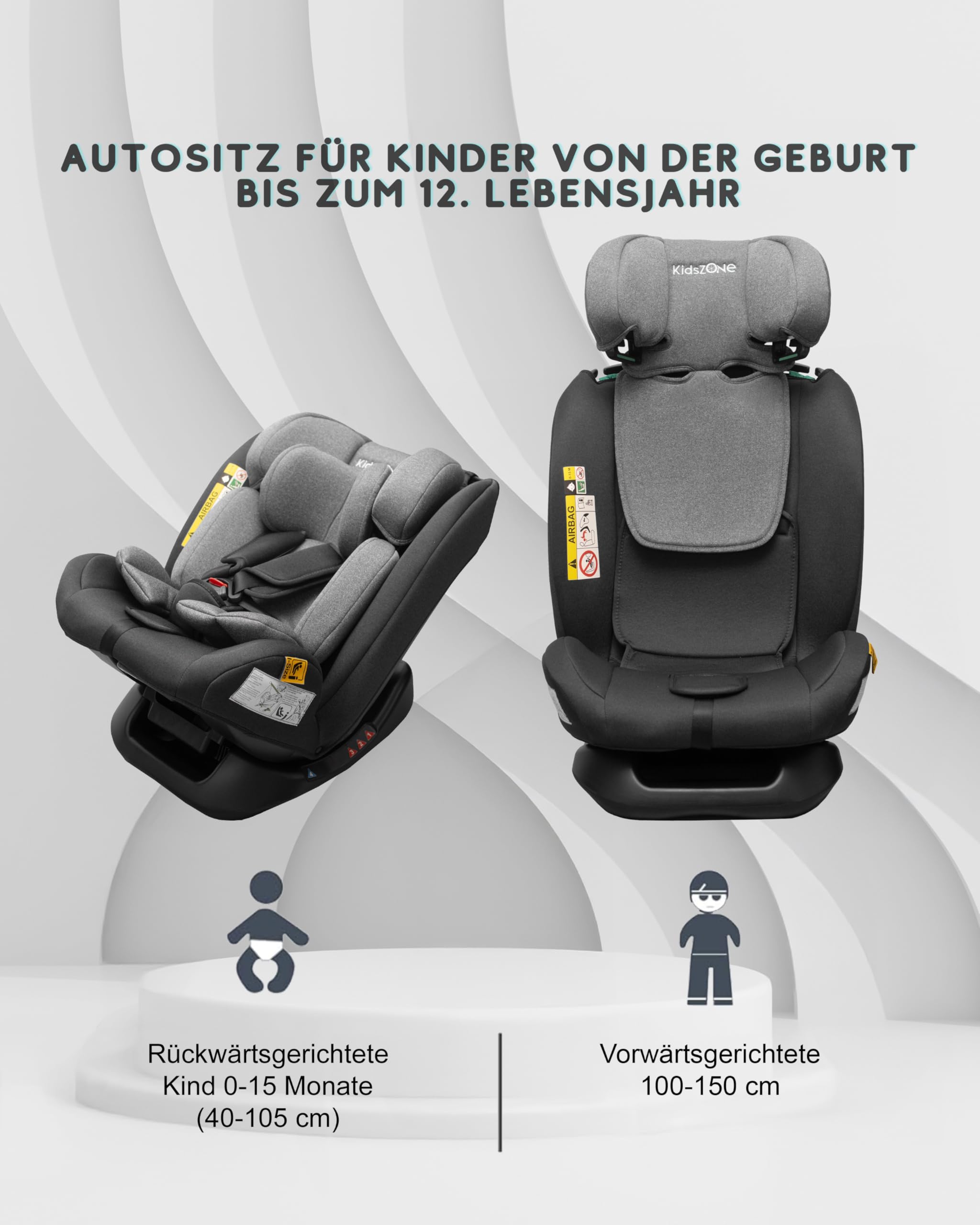 Kindersitz ohne Isofix 0-36 kg – Autositz i-Size 40-150 cm (Gruppe 0+ 1 2 3) – 5 Punkt Sicherheitsgurt, Verstellbare Kopfstütze