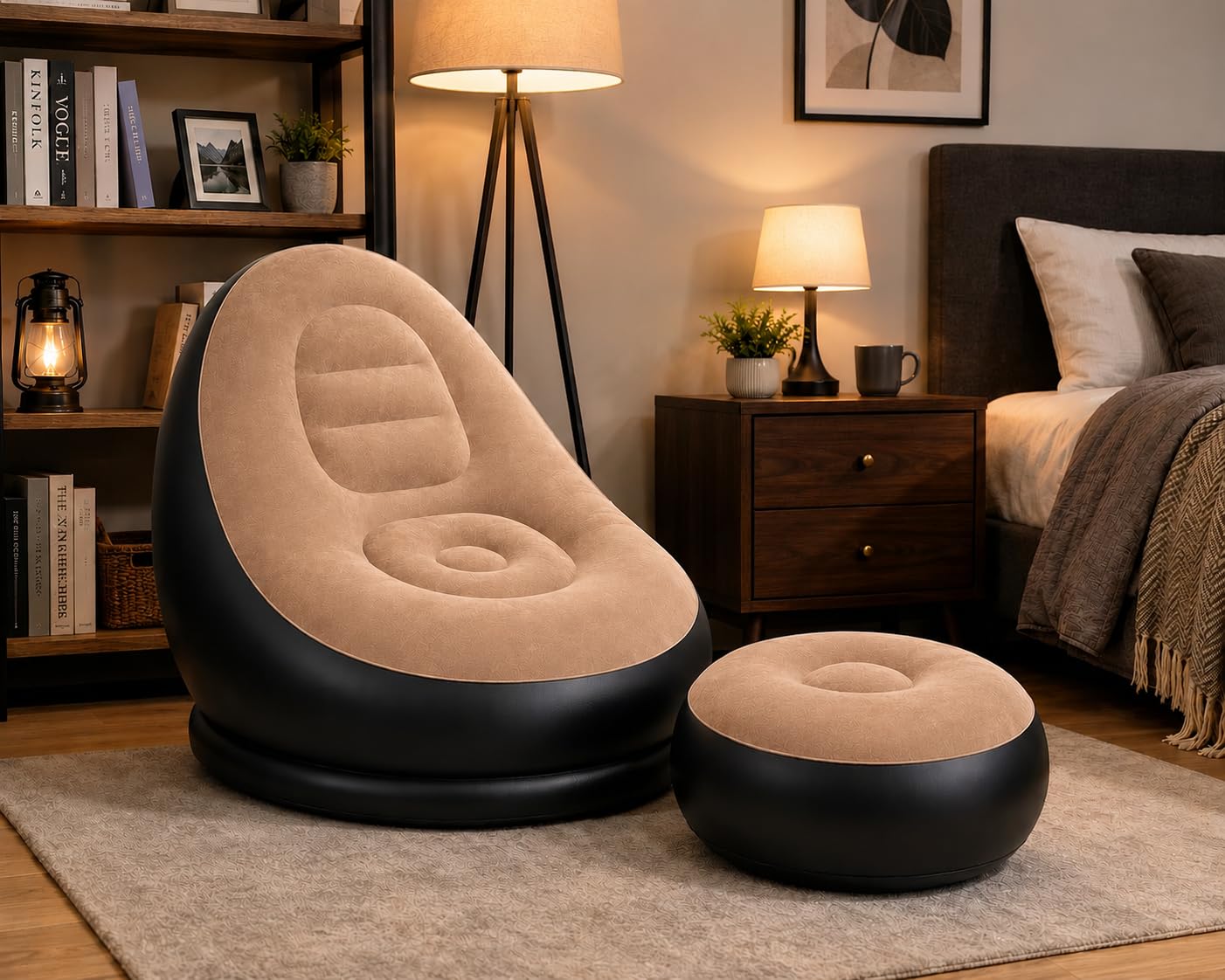 Inflatable Air Sofa Chair with Ottoman & Automatic Electric Pump, Portable Flocked Blow Up Lounge Chair for Living Room, Bedroom, Camping & Outdoor Use (Coffee)-image-2