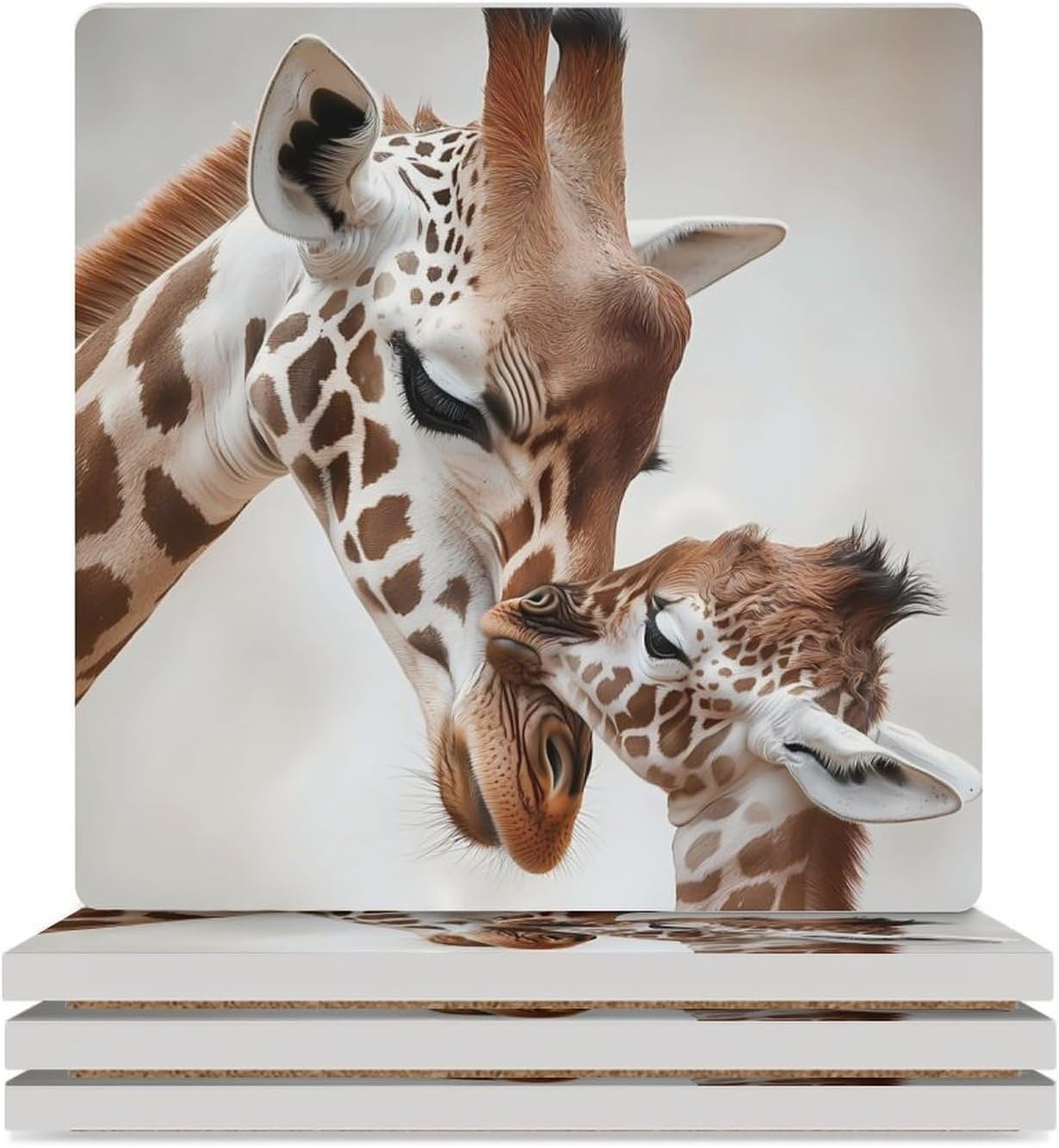 Giraffe Mama Love Little Funny Ceramic Coasters for Drinks Absorbent Cup Holder Tabletop Protector with Cork Base