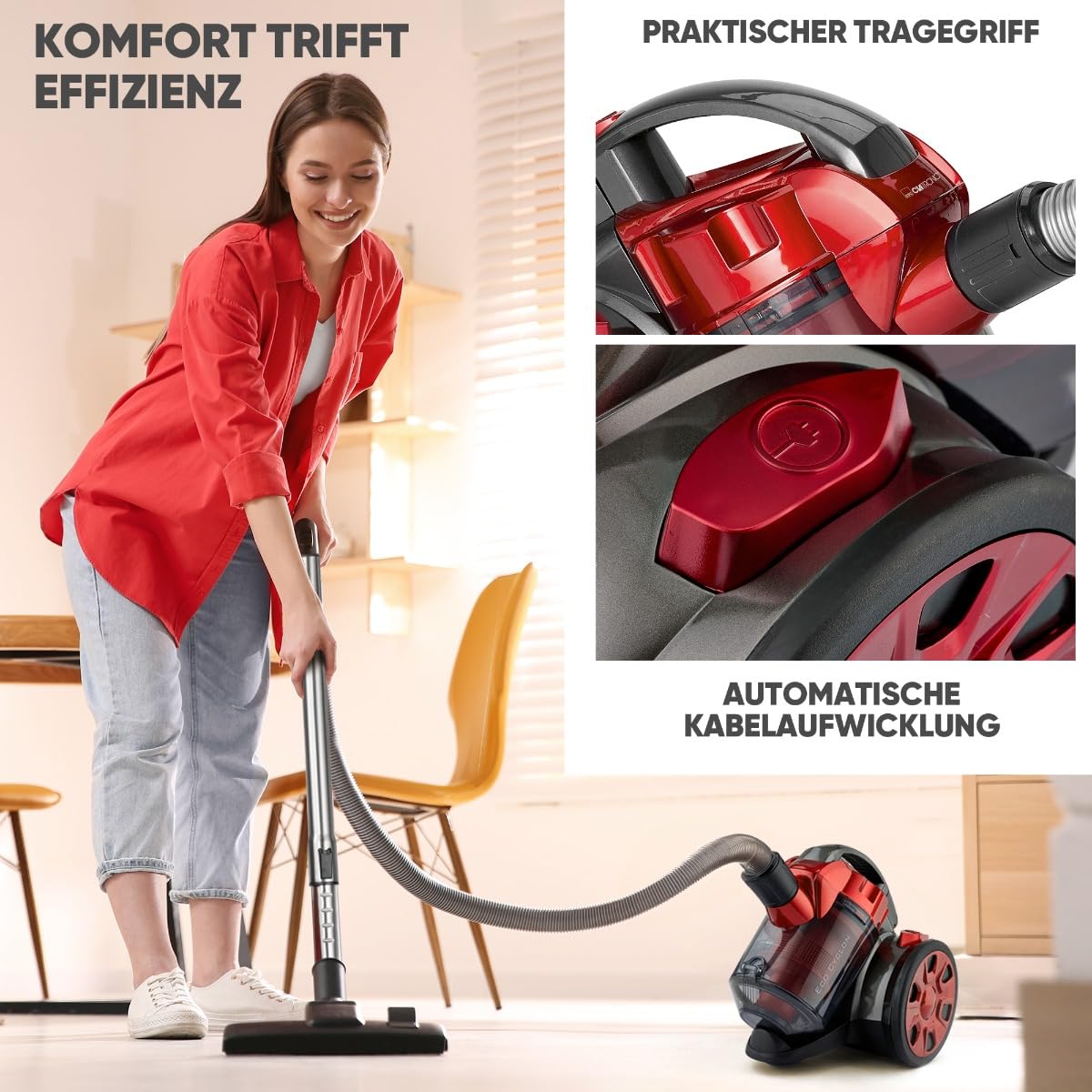 Clatronic Bodenstaubsauger mit energiesparenden 700 Watt | Staubsauger mit 4-Fach Mikrofiltersystem | Sauger ohne Beutel | Inkl. HEPA-Filter | Metall-Teleskoprohr | Umschaltbare Bodenbürste | BS 1308