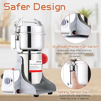 BI-DTOOL Electric Grain Mill Grinder 800g Stainless Steel Pulverizer 36000r/min High-speed Grain Mill 1800W Dry Material Grinding Machine 270° swingable Superfine powder for Home and Commercial