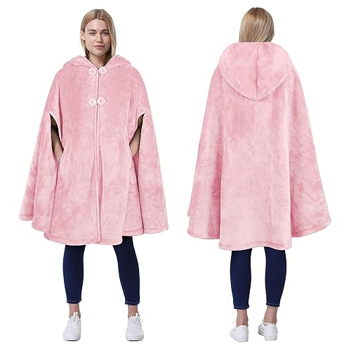 Catalonia Women's Poncho Cape, Oversized Sherpa Fleece Cloak Coat, Snuggly Hooded Wearable Blanket, Gift Idea for Women Mom - Pink