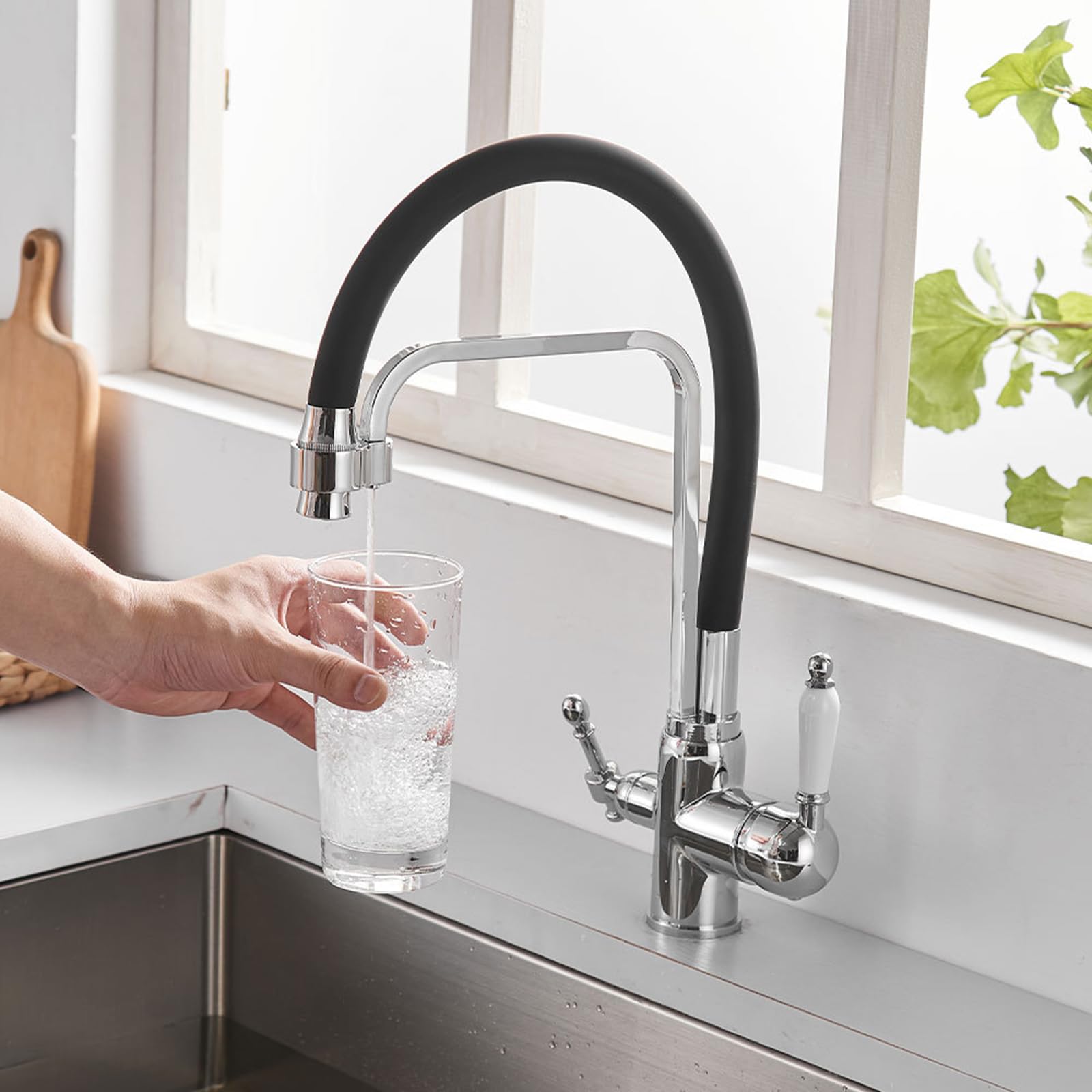 ZQFHSX 3 Way Kitchen Mixer Tap - Flexible Brass Sink for Hot and Cold Purified Water, Chrome Plated