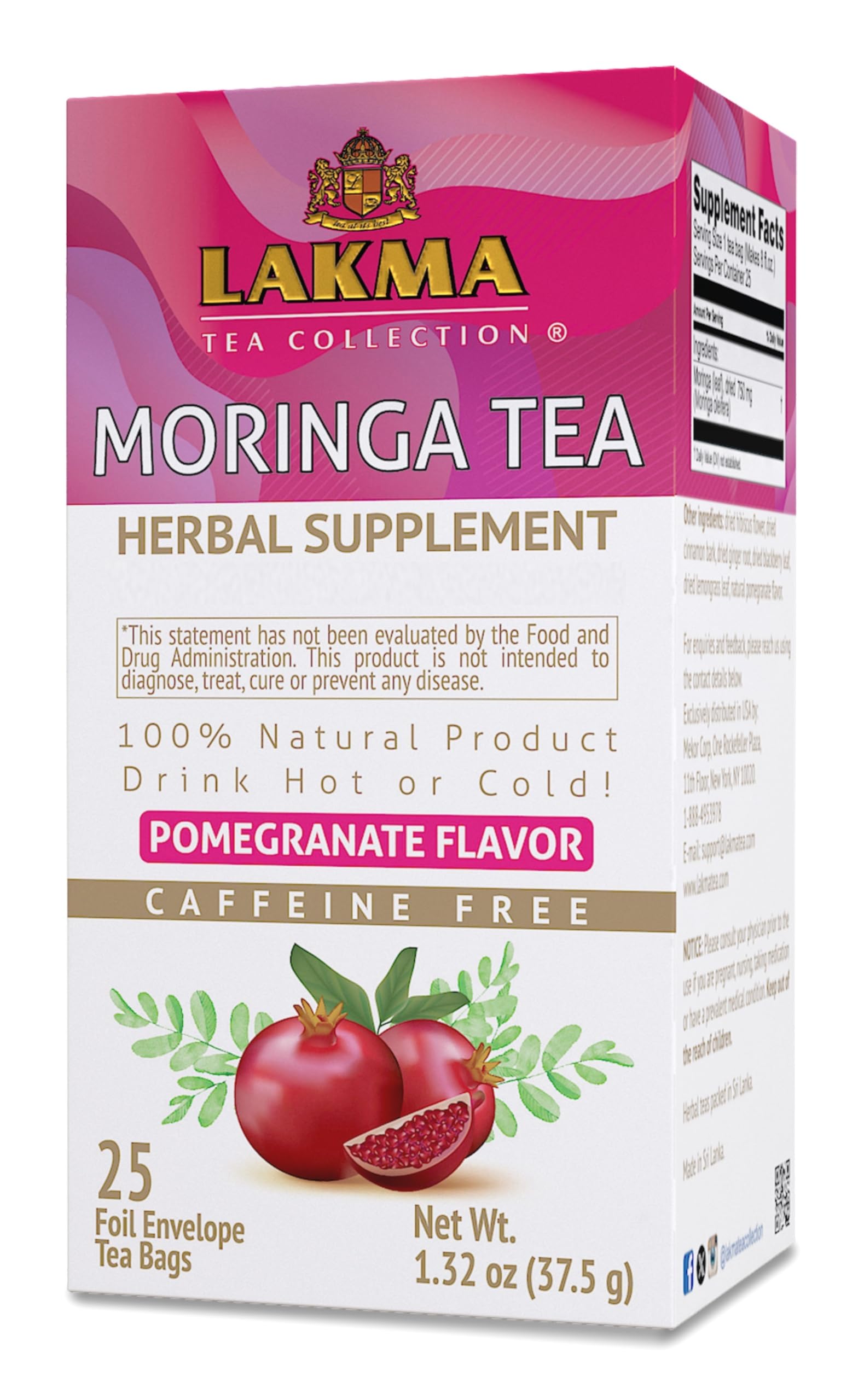 Lakma Moringa Tea, Pomegranate, 100% Natural, Vegan & Kosher, 25 Tea Bags Moringa Oleifera Tea with Pomegranate 1 Pack