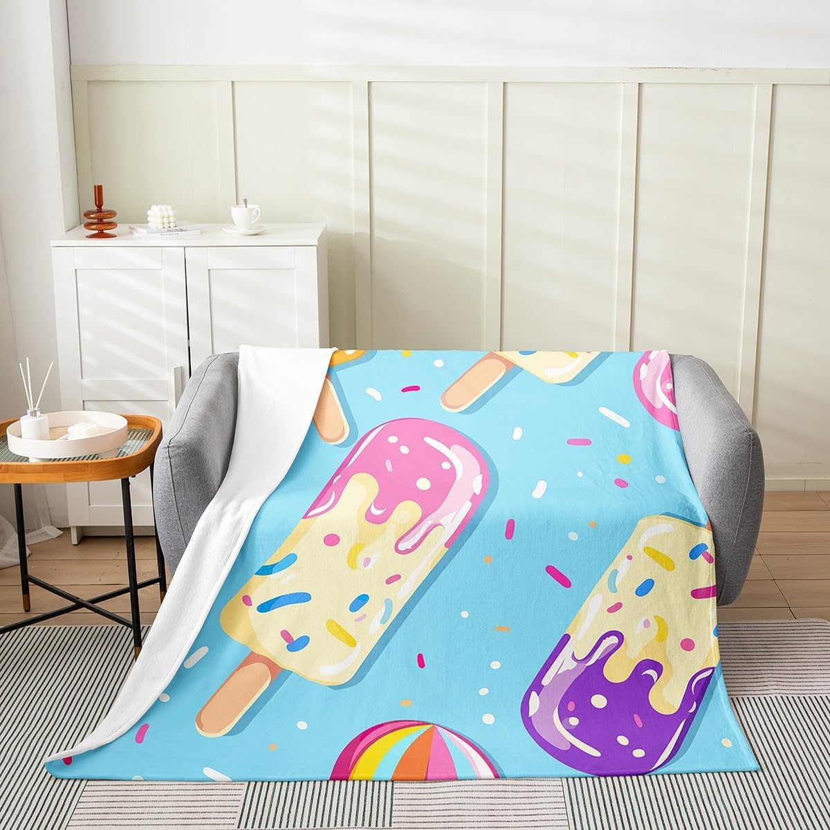 Erosebridal Blue Summer Blanket Queen 90x90, Ice-Cream Confetti Throw Blanket, Kawaii Theme Soft Lightweight Fleece Blanket, Cartoon Cute All Season Sherpa Blanket for Sofa Bed Couch