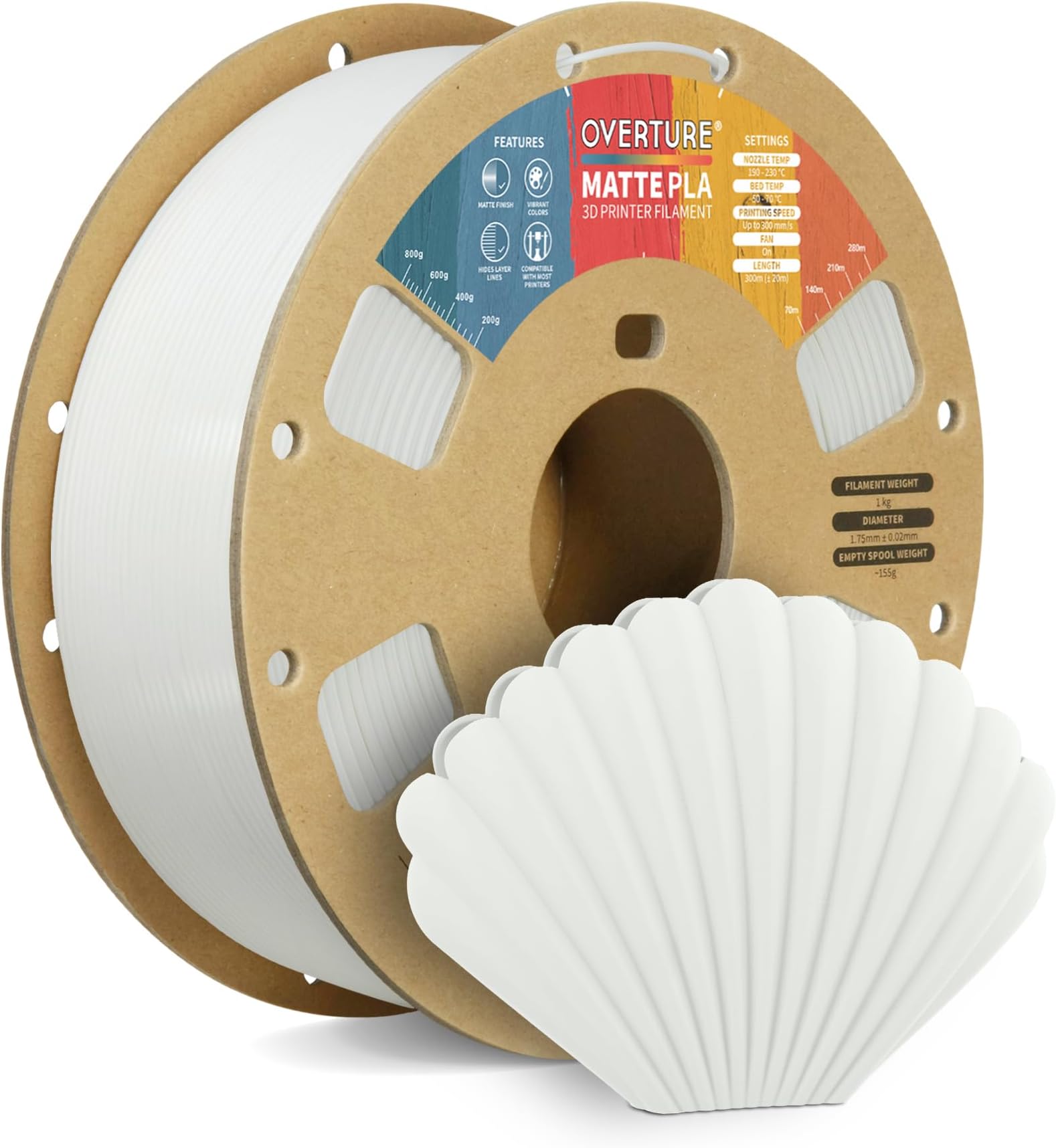 OVERTURE Matte PLA 3D Printer Filament 1.75mm, Matt Surface & Low Warping Filament 1kg Spool (2.2 lbs), Accuracy +/- 0.02 mm, Fit Most FDM Printers (Matte White)