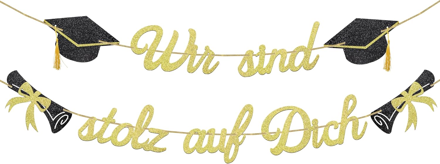 Glitter 2026 Graduation Decorative Garland Wir sind stolz auf Dich Graduation Decorative Banner Bachelor Hat Hanging Decoration for Graduation Bachelor and Master Graduation Party Decoration Gold W