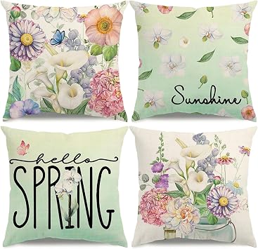 Spring Pillow Covers 18x18 Floral Butterfly Hello Spring Decorations Flowers Green Throw Pillow Covers Sunshine Farmhouse Cushion Case for Sofa Couch Set of 4