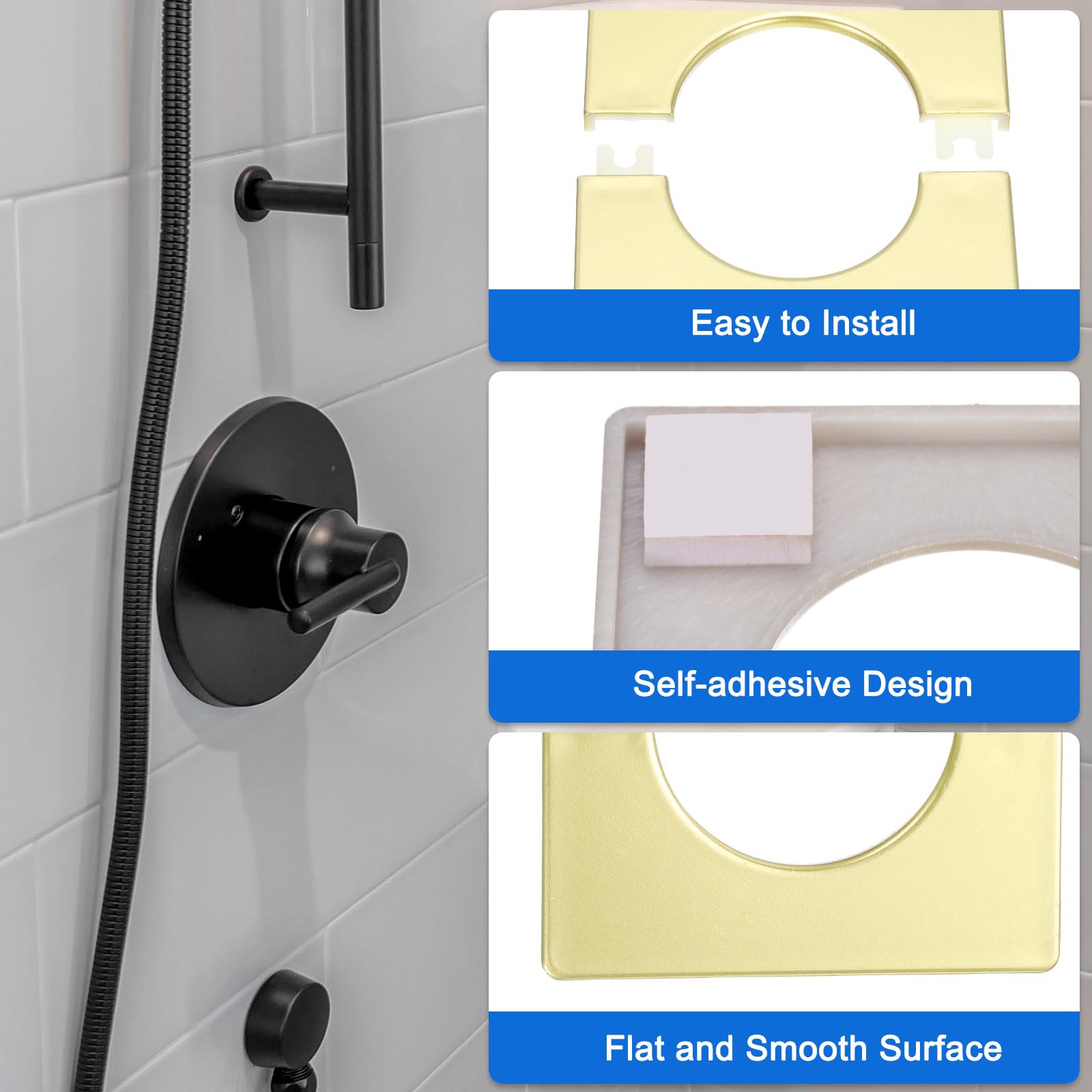 2-Pack Wall Split Flange Plates - 17mm Self-Adhesive Pipe Cover, ABS Plastic Escutcheon For Bathroom & Kitchen Pipes (Black)
