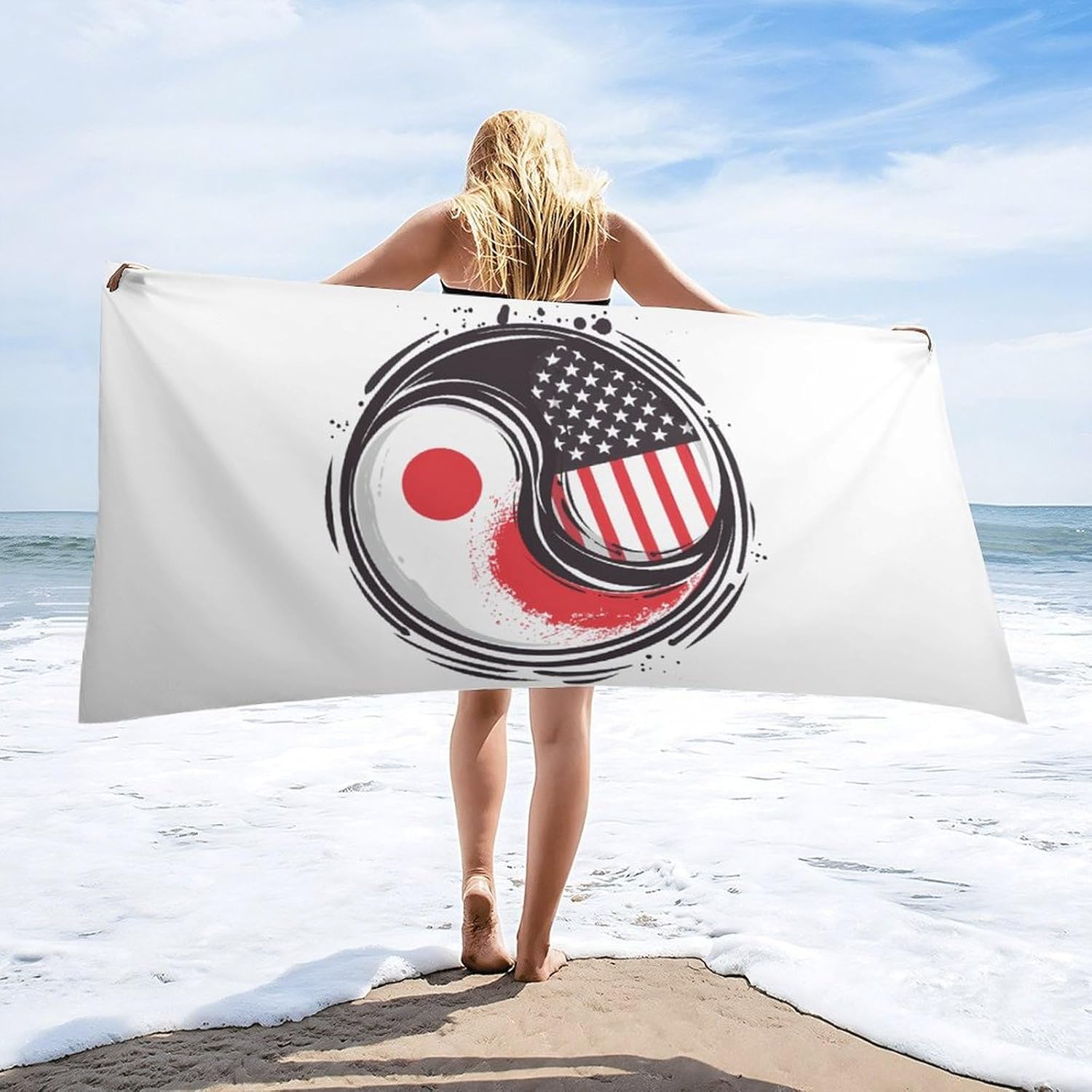 America & Japan Flag Yin-yang Bath Towel Beach Towels Quick Dry Oversized Bath Blanket Highly Absorbent Towel for Women Men 160x80cm