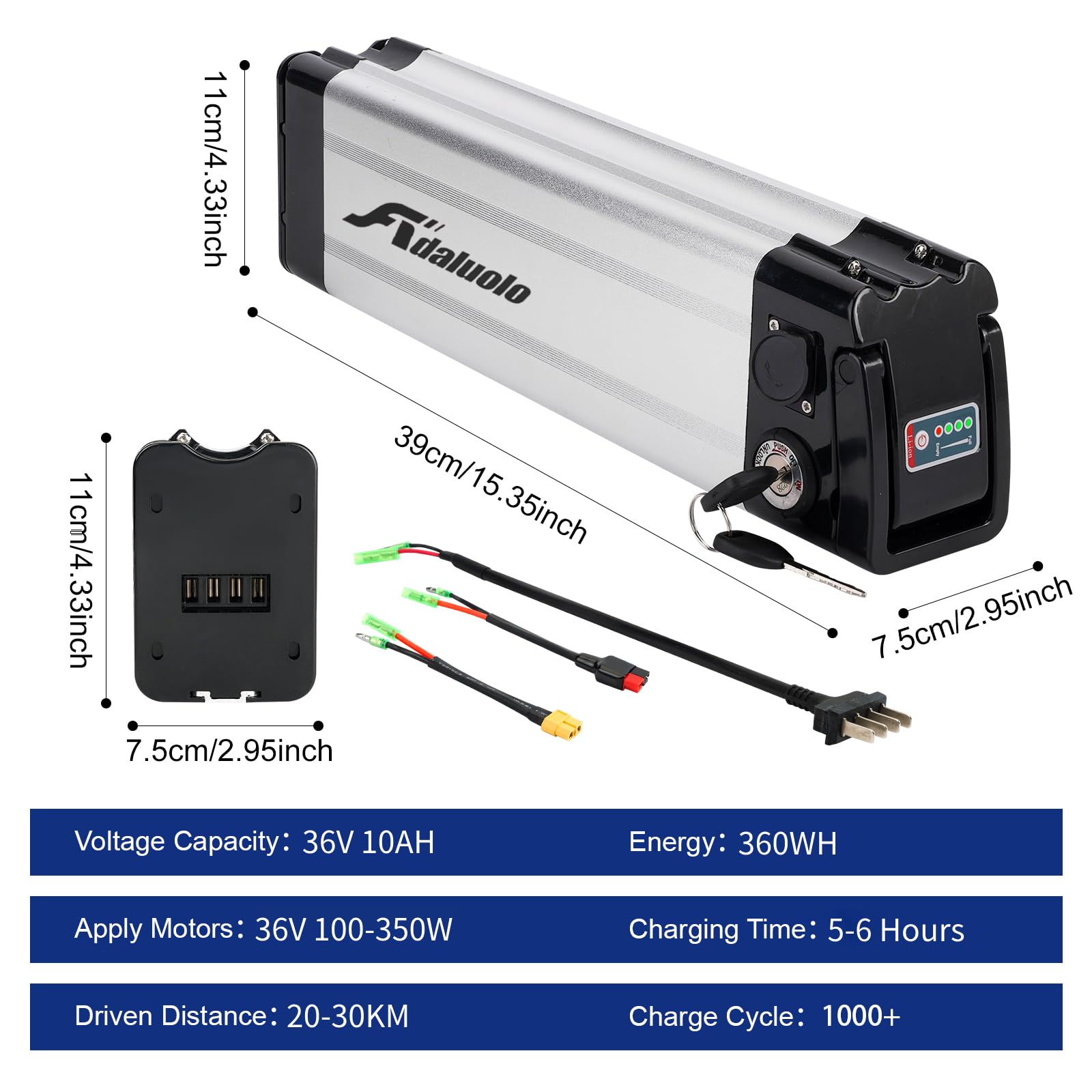 Batería Bicicleta Eléctrica con Cargador, 36V 10Ah Plegable Batería Ebike Reemplazo Plata Litio Pedelec Extraíble Bateríe con 4 Puertos, Bloqueo Seguro para 350W 250W 200W 100W Motor