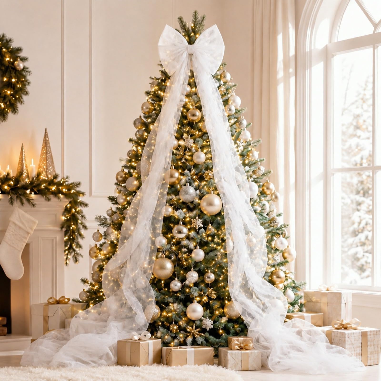 Junkin Weihnachtsbaumspitze, weiße Schleife, 7,6 m, übergroße Tüllbandschleife mit langen Luftschlangen, große Weihnachtsbaumschleifen für Geburtstagsparty, Urlaub, Wand, Treppenbogen, Fenster
