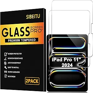 SIBEITU Screen Protector for iPad Pro 11 Inch 2024 Model M4, 2 Pack iPad Pro 5th Generation Tempered Glass Film, 9H Hardness HD Clear Compatible Face ID & Case Friendly for iPad Pro 11" 5th Gen
