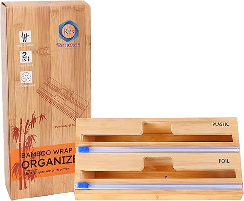 Organizador de papel de aluminio y plástico con soporte de papel de aluminio para cocina, dispensador de plástico 2 en 1 con cortador y etiquetas,