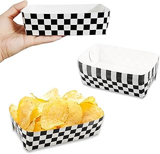 100 Packs Checkered Paper Food Trays Race Car Birthday Party Supplies Black and White Checker Nacho Trays Paperboard Tray Racing Flag Hot Dog Trays