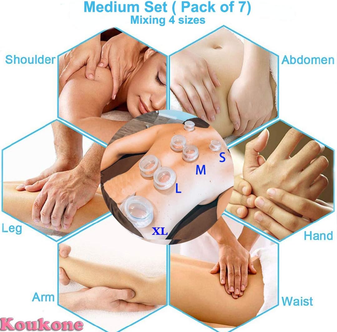 Silicone Cupping Therapy Sets (4 Sizes, Includes 1pc X-Large) Vacuum Massage Cups Kit for Cellulite Treatment & Tissue Muscle Joint Neck Back Pain Relief Massager (Pack of 7, Medium Set)