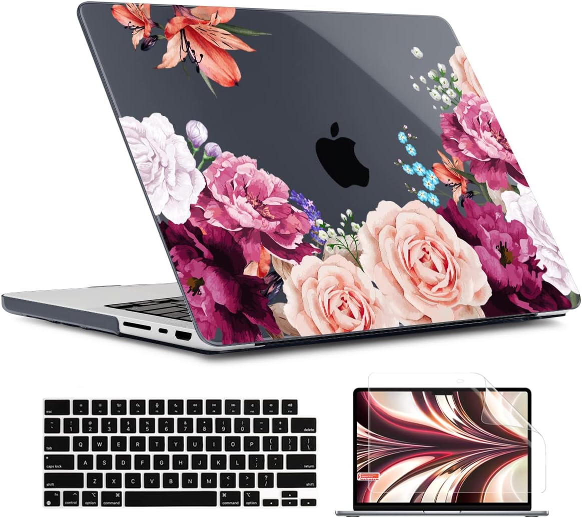 TWOLSKOO Compatible with MacBook Pro 14 inch Case 2023 2022 2021 Release M2 A2779 M1 A2442 Pro/Max Chip with Touch ID, Plastic Hard Shell Case & Keyboard Cover & Screen Protector, Beautiful Rose