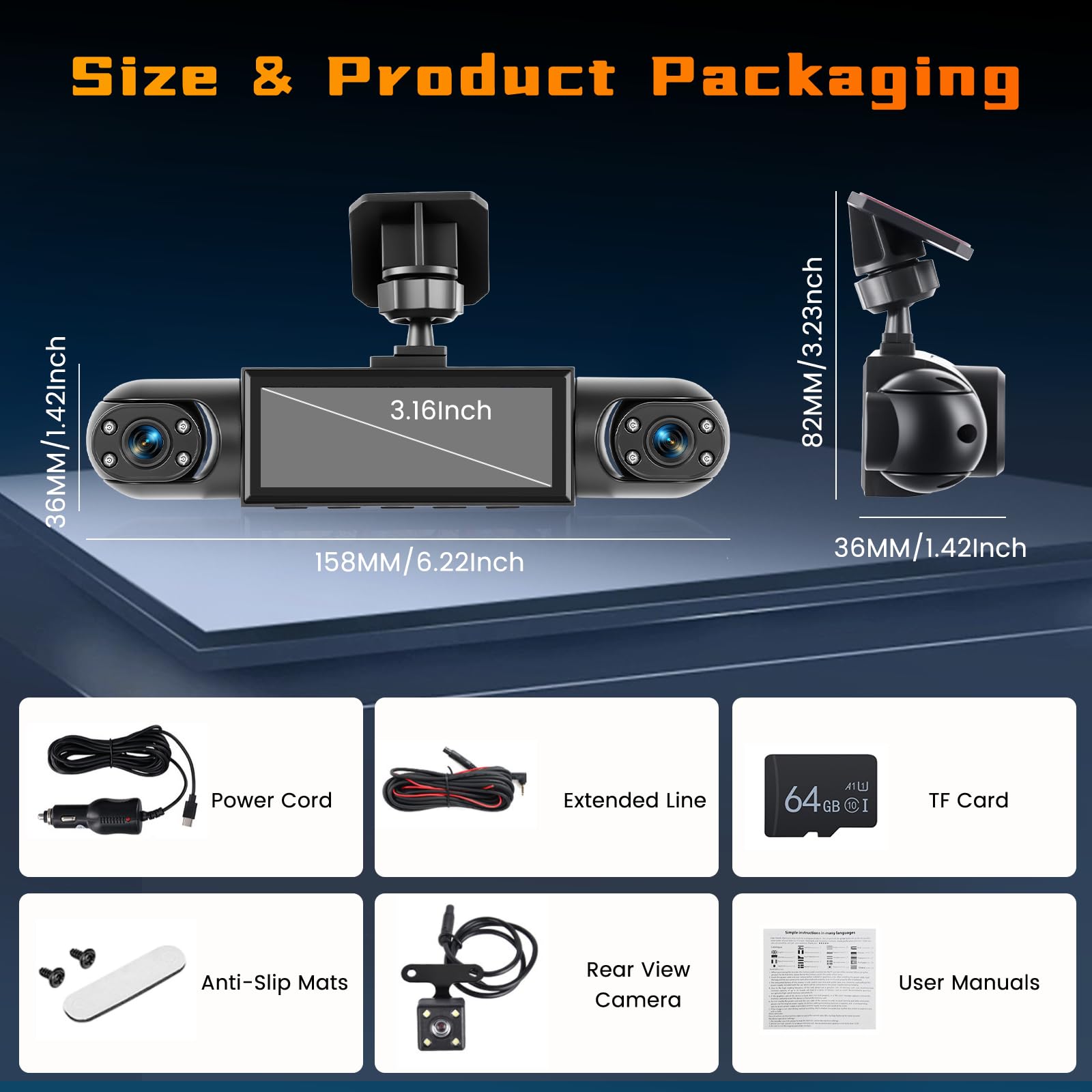 Dashcam Coche 4 Canales, 360°Dash CAM 1080P Delantera y Izquierda Derecha +cámara Trasera, con Tarjeta SD de 64GB, Cámara para Coche con Grabación en Bucle Visión Nocturna