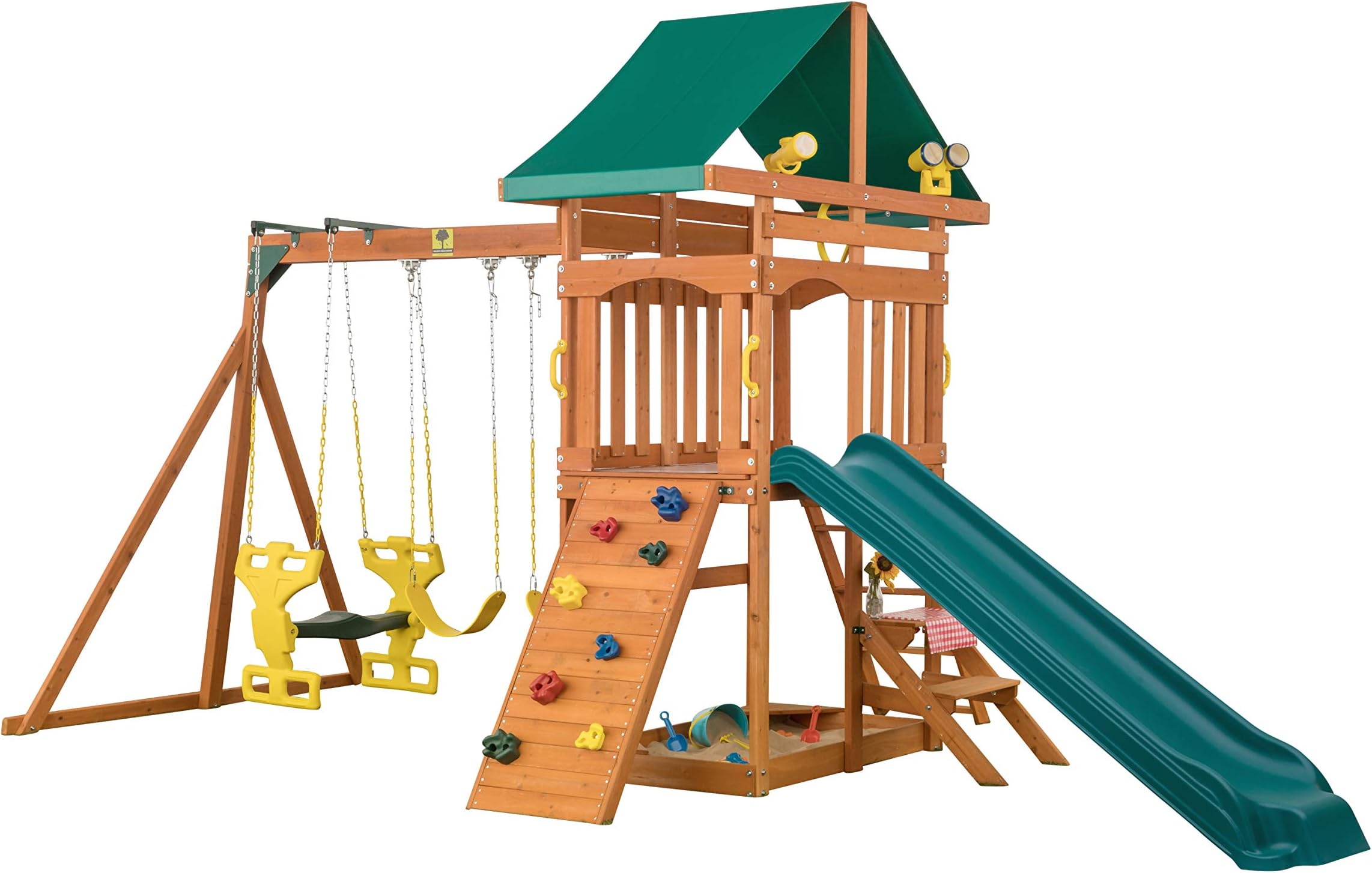 Sky View Cedar Backyard Playset | W: 17'10" D: 9'4" H: 9'9" | w/2-Person Glider & 2 Belt Swings | Binoculars, Steering Wheel & Telescope | Kids Age 3-12 | ASTM Standards | 10-Year Warranty on Wood