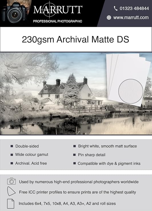 Marrutt 230gsm Archival Matt Double Sided Inkjet Photo Paper: A4-50 Sheets
