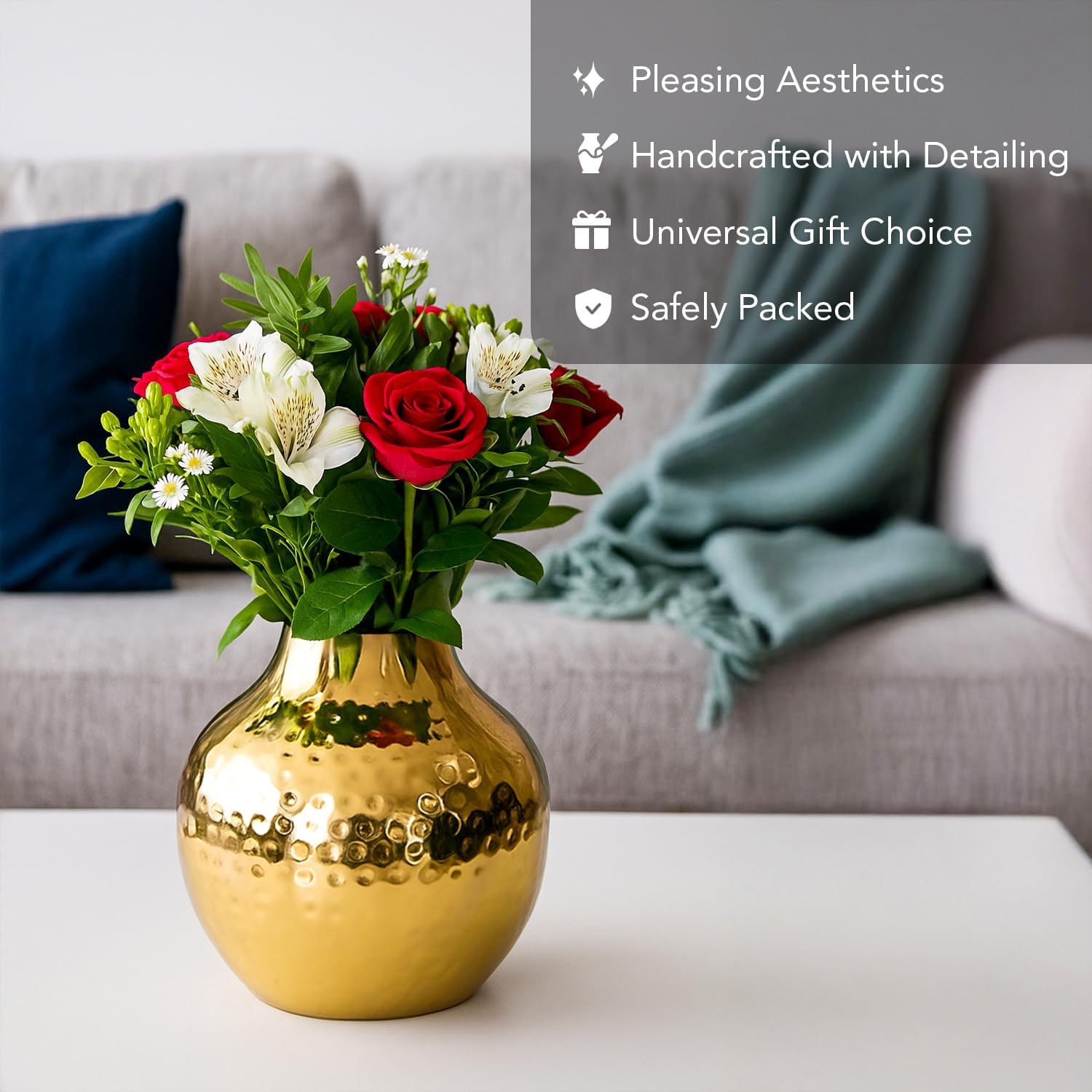 Nostrae by Ekhasa Unbreakable Hammered Metallic Flower Vase for Home Decor | Aesthetic Flower Vase Gift for Living Room | Decorative Metal Vase Gift for Wedding, Housewarming