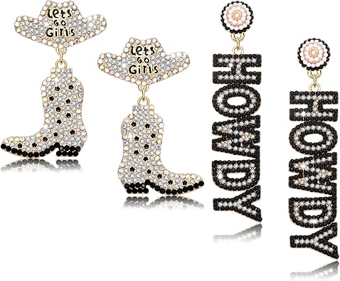 2 Pairs Western Cowgirl Earrings for Women Sparkly Rhinestone Cowboy Boot Hat Howdy Dangling Earrings Fun Nashville Rodeo Bride Bachelorette Party Earrings Jewelry Country Concert Outfits Accessories