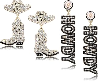 2 Pairs Western Cowgirl Earrings for Women Sparkly Rhinestone Cowboy Boot Hat Howdy Dangling Earrings Fun Nashville Rodeo Bride Bachelorette Party Earrings Jewelry Country Concert Outfits Accessories