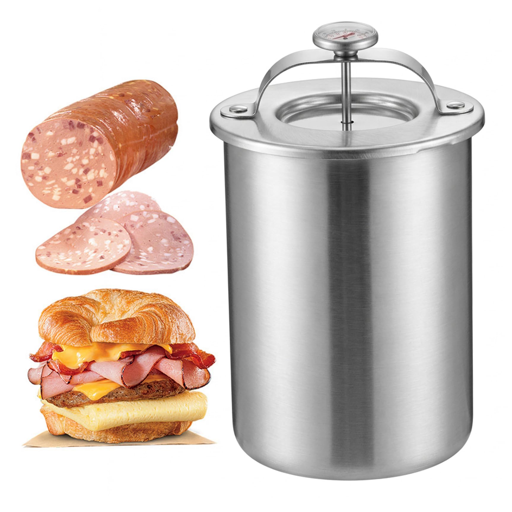 Sjfbebsy Deli Meat Press with Built-In Thermometer, Stainless Steel Lunch Meat Press and Ham Mold for Homemade Sausage Meatloaf Easy Slice Style 1, Lunch