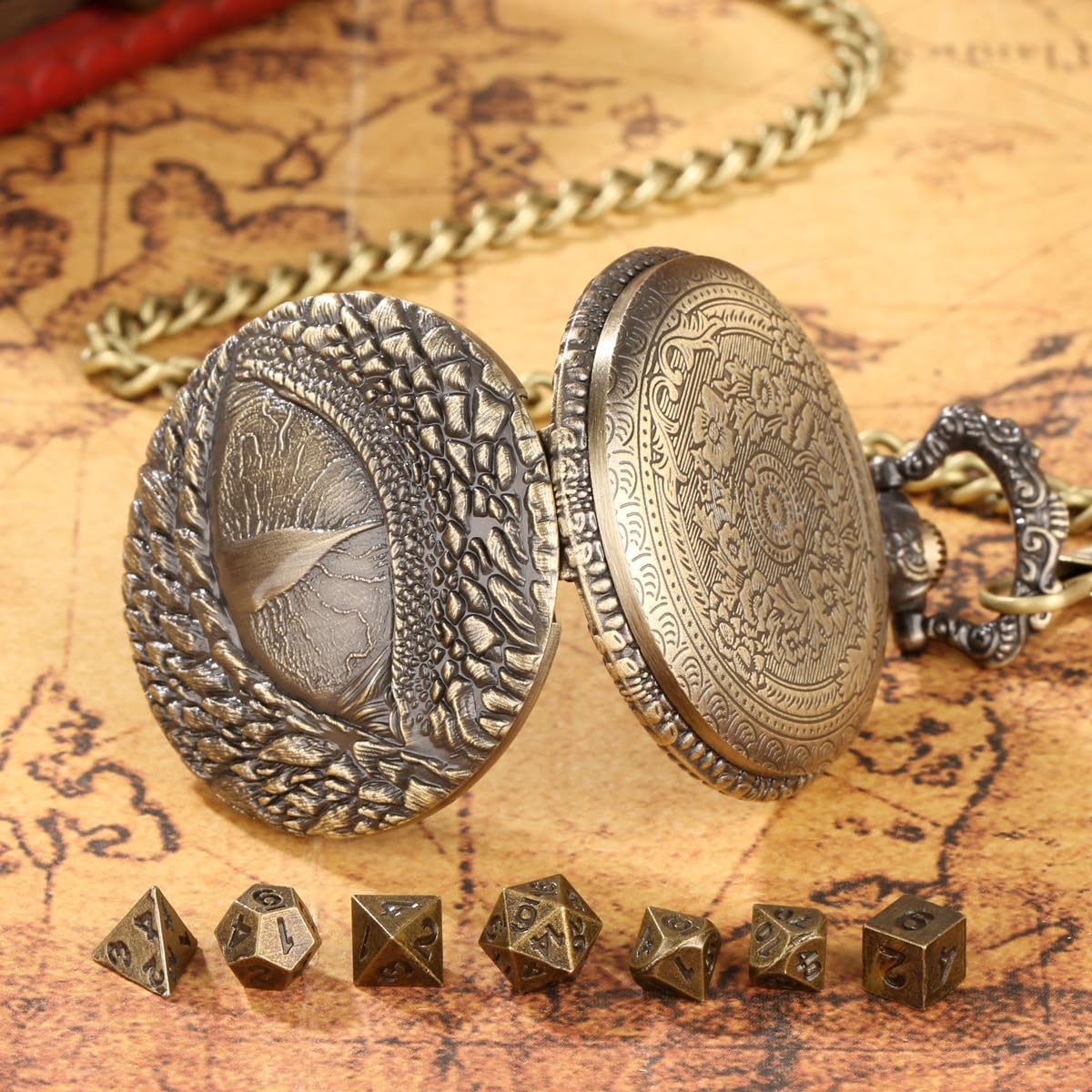 Mini DND Dice Set including Retro Dragon's eyes Pocket Watch Shell Case, DND Starter Set, 7pcs Polyhedral Mini Metal Dice Set - Image 3