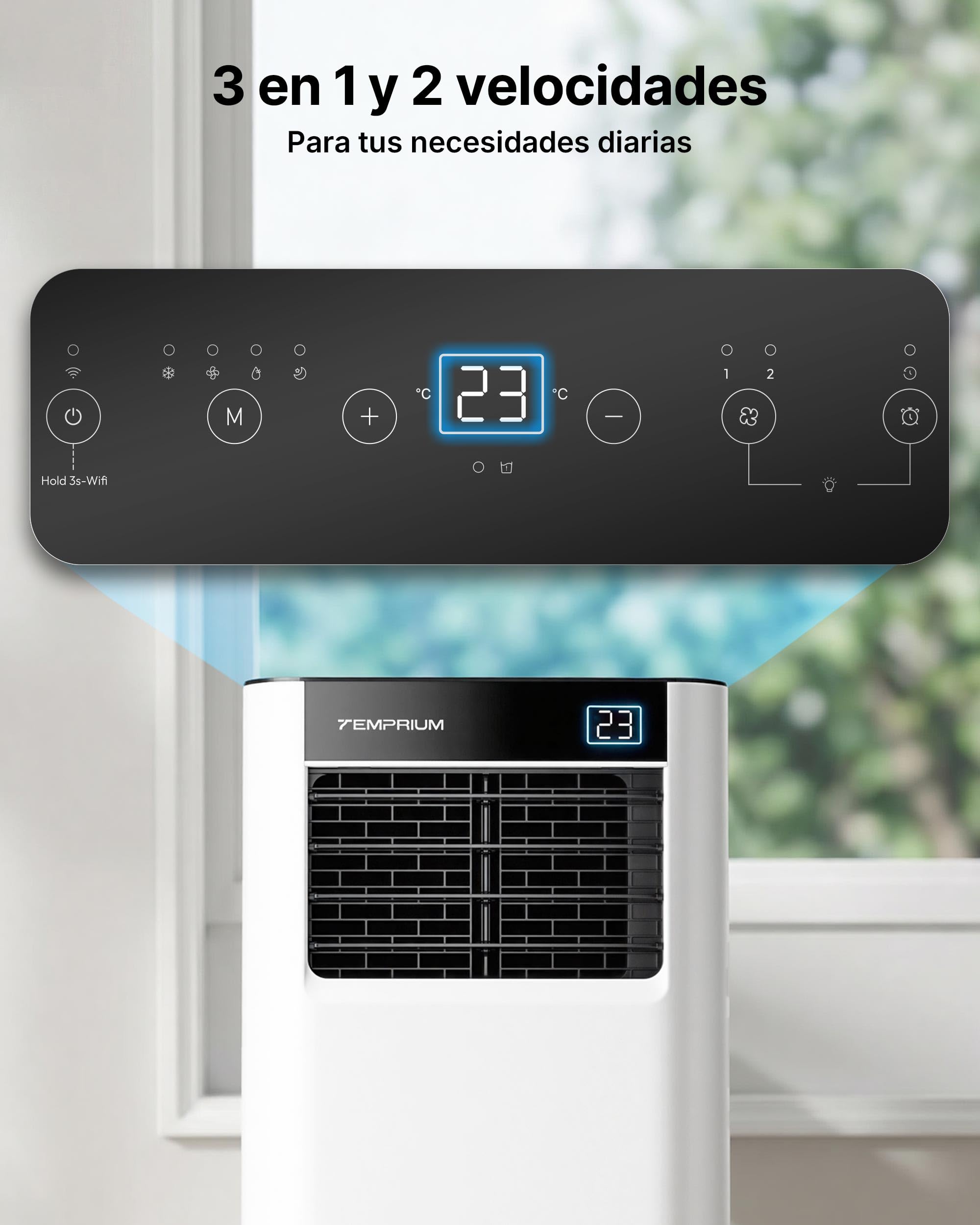 Aire Acondicionado Portátil 7000 BTU, Climatizador 3 en 1, Kit Ventana Incluido, Control App/Mando, Silencioso <48 dB, Temporizador 24 H, Hasta 20 m²