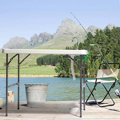 Miniatura 2 de VINGLI Mesa de limpieza plegable para peces y juegos para exteriores con fregadero, portátil y duradera, conexión estándar de jardín, manguera de