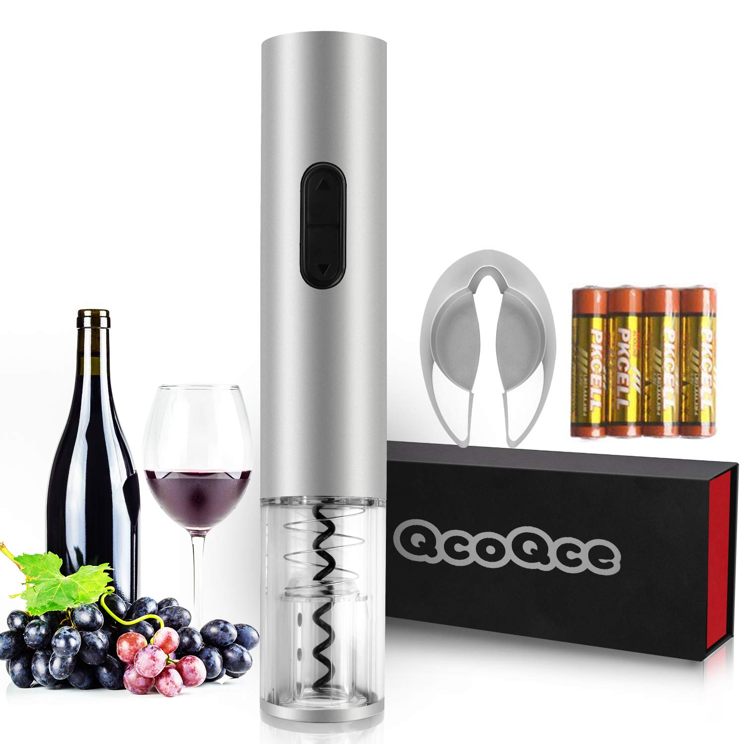 QcoQce Cordless Automatic Wine Opener - Electric Wireless Bottle Opener - Battery-Operated Corkscrew - With Foil Cutter/Stand and Batteries Included(Black) White unknown